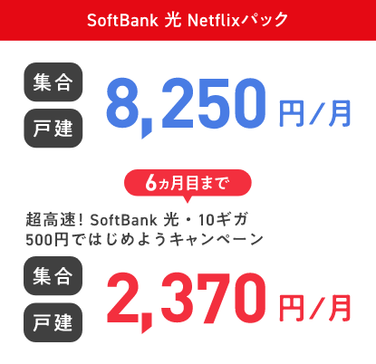 SoftBank 光 Netflixパック 集合 戸建 8,250円／月 6ヵ月目まで 超高速！ SoftBank 光・10ギガ 500円ではじめようキャンペーン 集合 戸建 2,370円／月