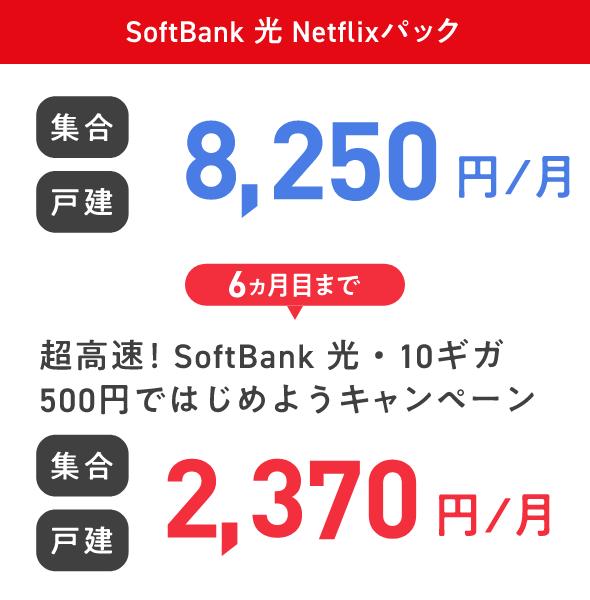 SoftBank 光 Netflixパック 集合 戸建 8,250円／月 6ヵ月目まで 超高速！ SoftBank 光・10ギガ 500円ではじめようキャンペーン 集合 戸建 2,370円／月