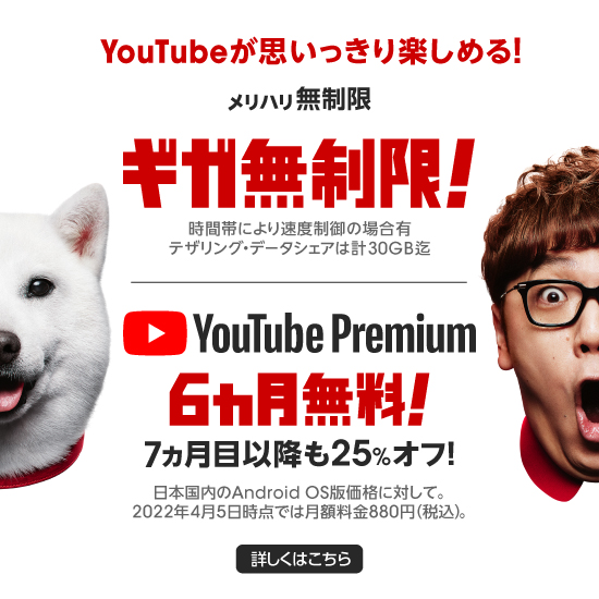 YouTubeが思いっきり楽しめる！メリハリ無制限 ギガ無制限！ YouTube Premium6ヵ月無料！