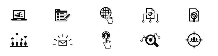 Digital marketing simple concept icons set. Contains such icons as internet, Marketing research, Social campaign, Pay per click and more, can be used for web, logo, UI/UX