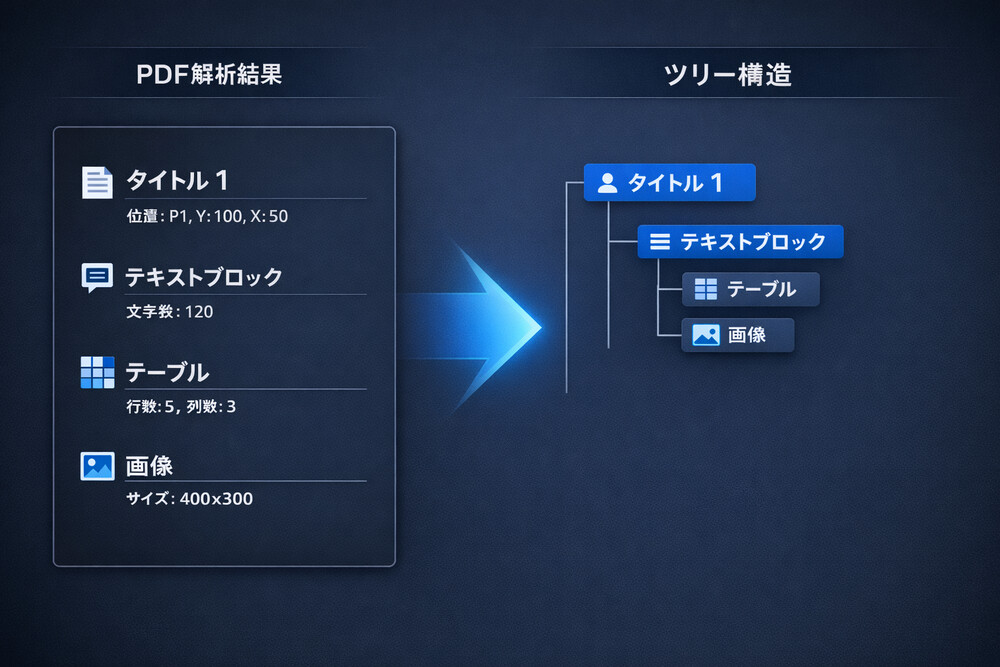 図5：Tree構築プロセス — 見出し階層をツリーに整理し、各ノードにtype/content/childrenを格納