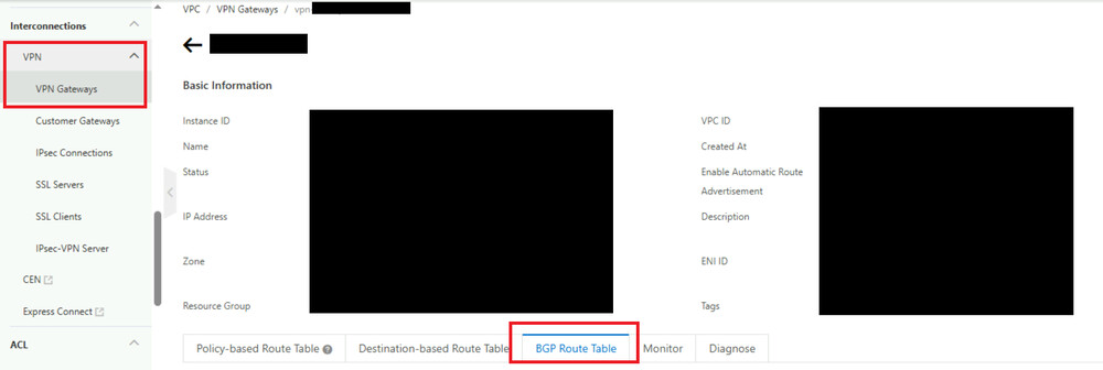 click bgp route table tab