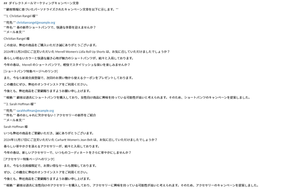顧客の過去の購買履歴に基づいたキャンペーンメッセージが生成される