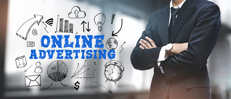 Asian Businessman on Blurred Office Background. "Online Advertising" Sketch Concept