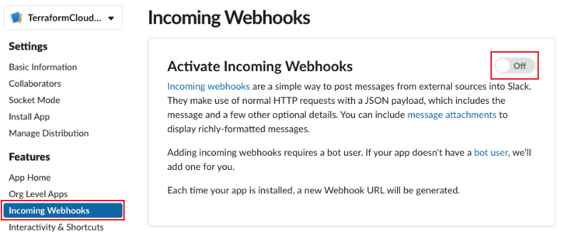 Incoming Webhooksを有効化