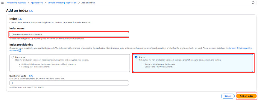 [ Index name ]、[ Index provisioning ]を設定して、[ Add an Index ]を押下