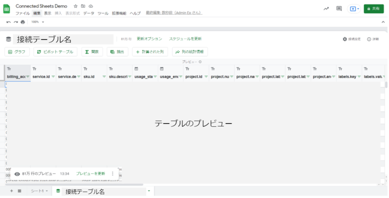 テーブルプレビュー