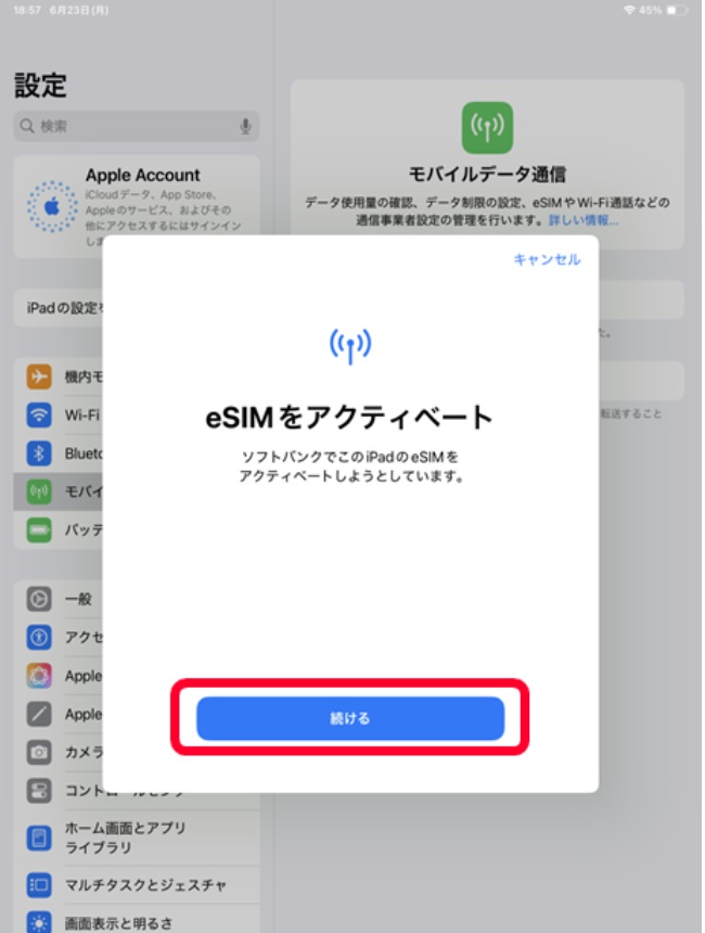 「eSIMをアクティベート」の画面が表示されたら「続ける」をタップします