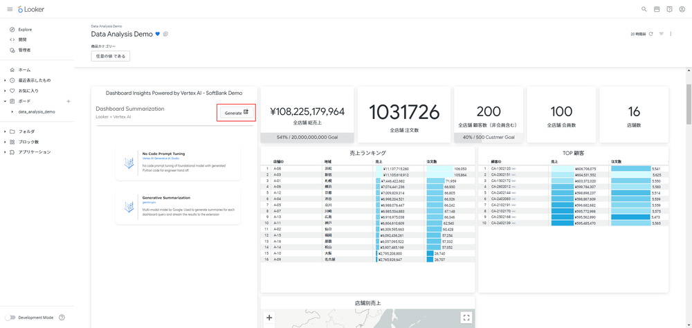 Looker Dashboard Summarization Extension でGenerateを押下