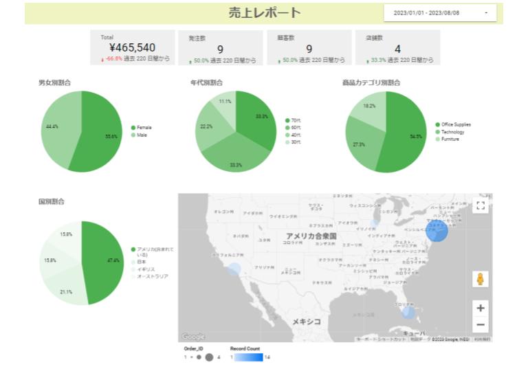 Looker Studio_フィルタリング（＝アメリカを選択）した売上レポートサマリ