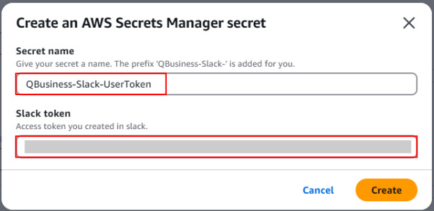 [ Secret name ]、[ Slack token ]を入力