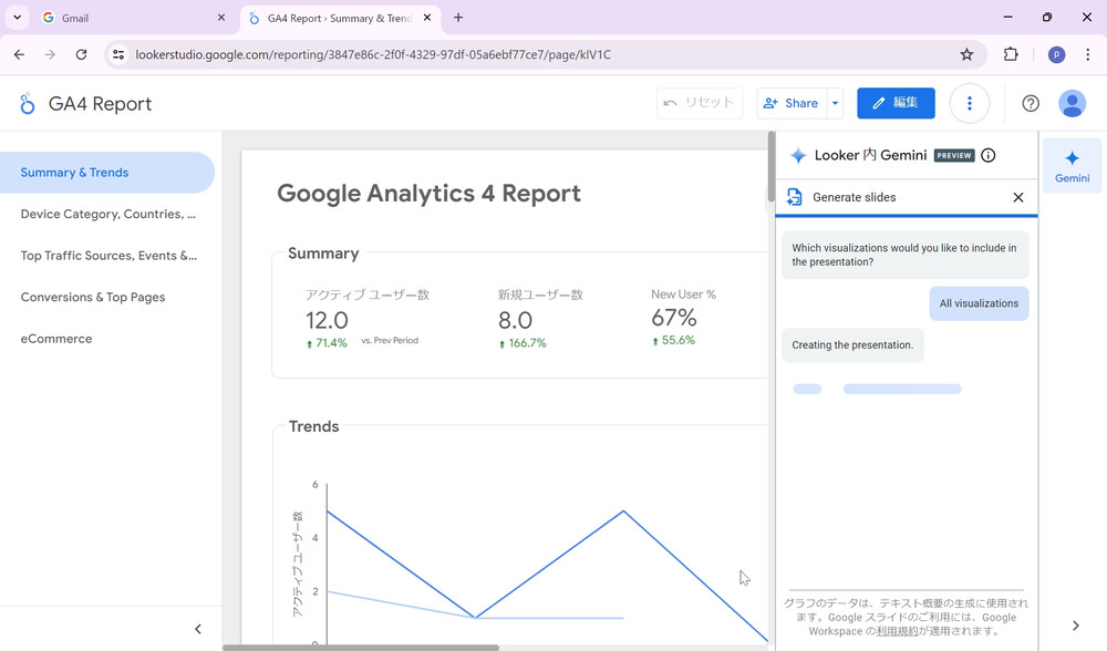 Gemini in Looker のスライド生成中画面
