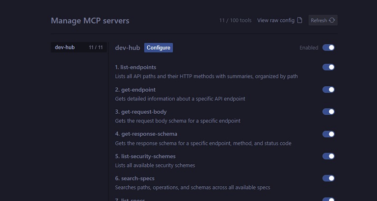 Google Antigravityの設定画面における「Installed MCP Servers」の表示。1NCEのMCPである「dev-hub」が追加され、有効化されている状態。
