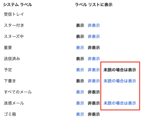 ラベルの表示を設定する場所