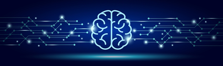 Artificial intelligence concept. Virtual technology web background. Machine learning and cyber mind domination concept in form of brain. Artificial intelligence in brain with neural network thinks.