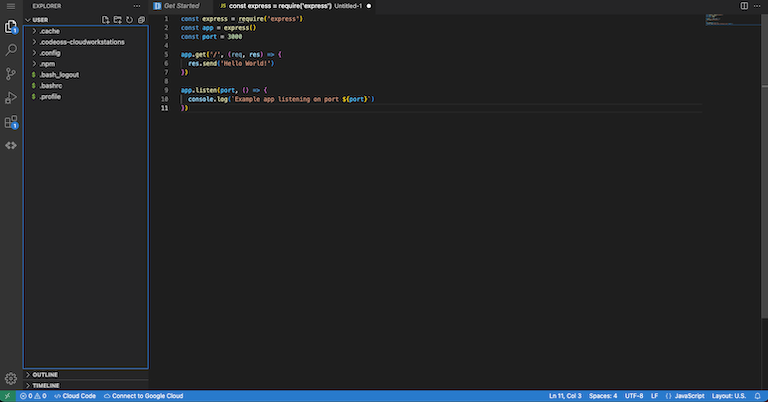 Google Cloud Workstations の WEB IDE を開いた際の画面
