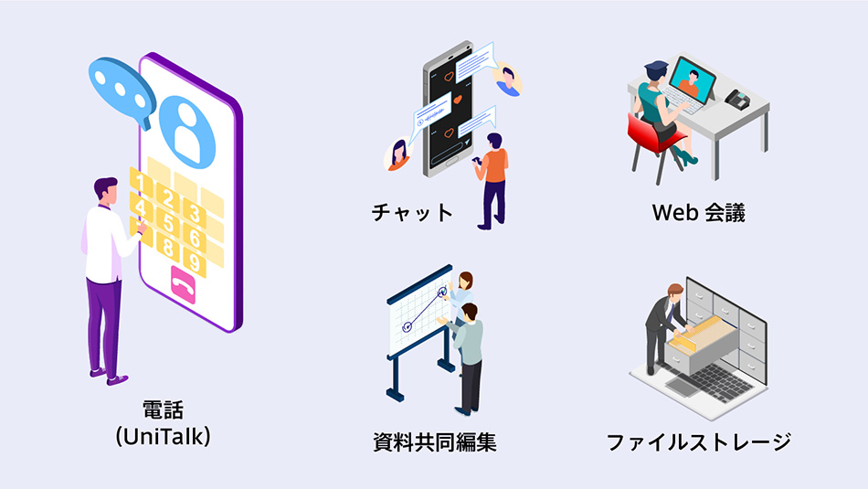 Teams 電話　UniTalk（ユニトーク）で電話、チャット、Web会議、資料共同編集、ストレージ機能を利用できる