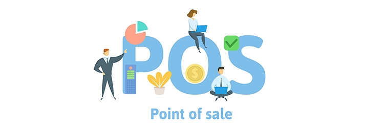 POS, Point of Sale. Concept with keywords, letters and icons. Colored flat vector illustration. Isolated on white background.