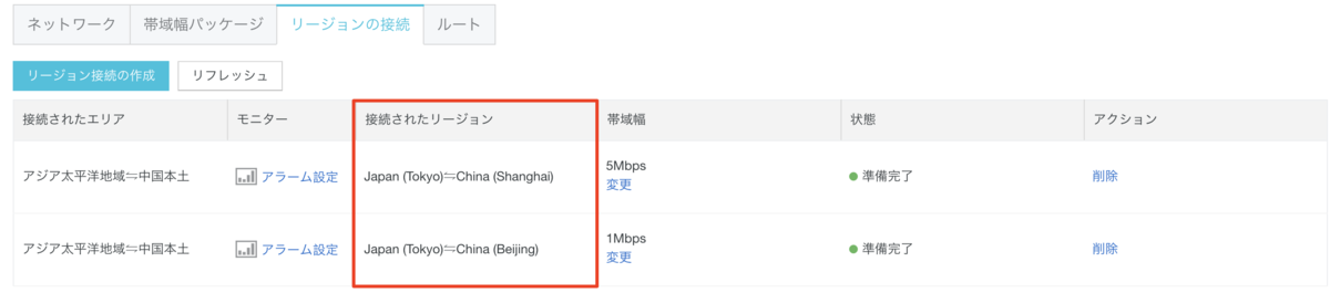 リージョン接続の設定