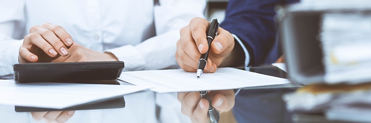 Bookkeepers team or financial inspectors  making report, calculating or checking balance. Tax service financial document. Audit concept.