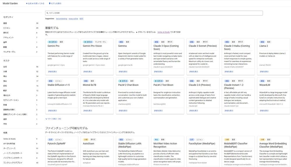 Vertex AI の Model Gardenの画面