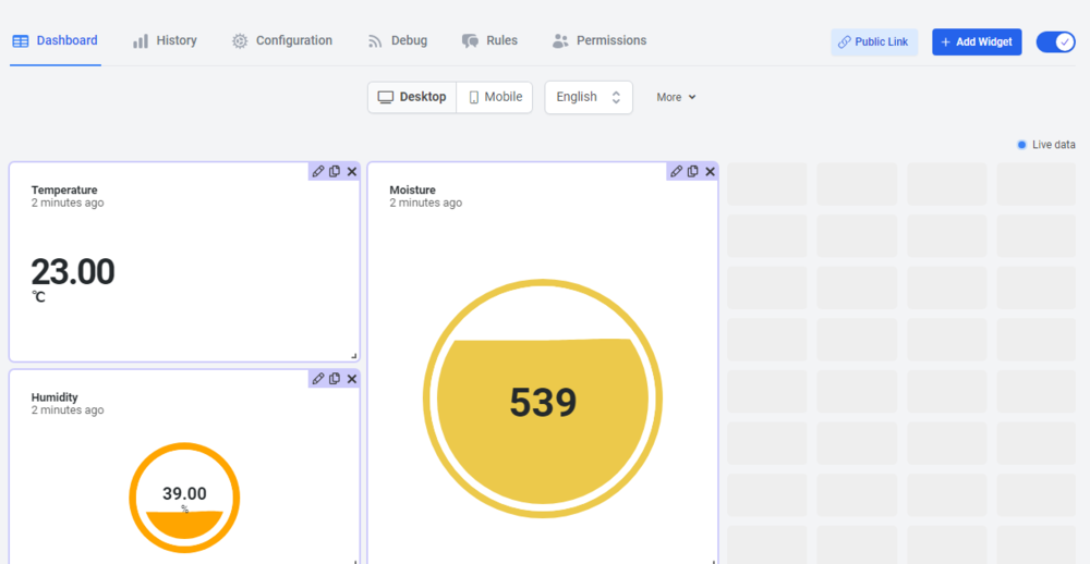 Datacakeのダッシュボード画面