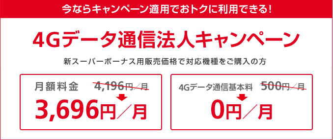 今ならキャンペーン適用でおトクに利用できる！ 4Gデータ通信法人キャンペーン 新スーパーボーナス用販売価格で対応機種をご購入の方 月額料金 4,196円／月→3,696円／月（2年間） 4Gデータ通信基本料 500円／月→0円／月