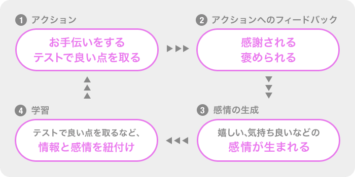 1.アクション(お手伝いをする、テストで良い点を取る)→2.アクションへのフィードバック(感謝される、褒められる)→3.感情の生成(嬉しい、気持ち良いなどの感情が生まれる)→4.学習(テストで良い点を取るなど、情報と感情を紐付け)→1.アクション...