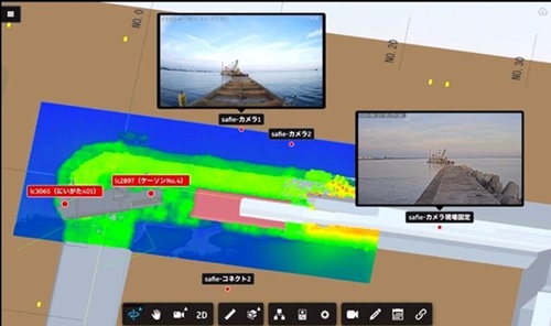 iPad画面上に現場状況を表示した例（船舶の位置情報とカメラ映像を組み合わせて可視化）