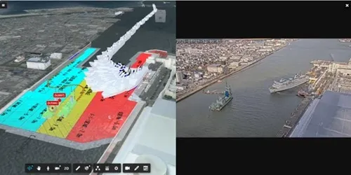 新潟港を航行する佐渡汽船と工事エリア