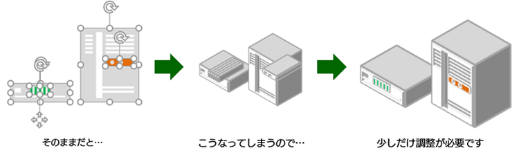 IT機器アイコンの立体化 （応用） として、別色のオブジェクトが組み合わさっている場合でも調整を加えて立体的に変形させた画像