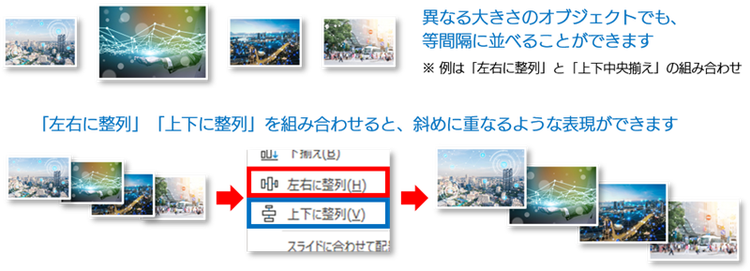 「左右に整列」と「上下に整列」を組み合わせれば、斜めに重なるそろえ方ができます