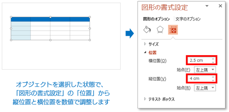 オブジェクトを選択した状態で、「図形の書式設定」の「位置」から縦位置と横位置を数値で調整