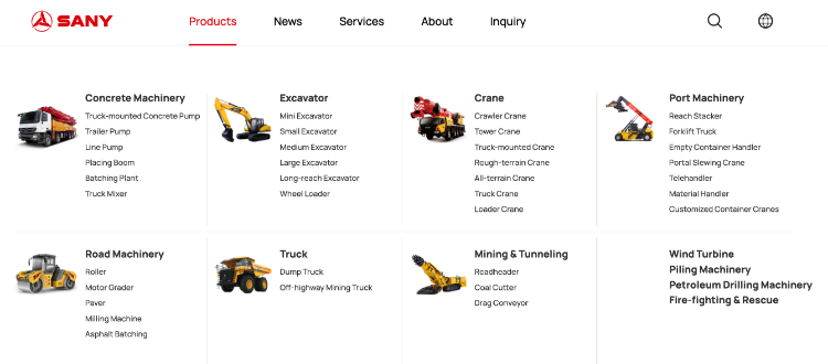 三一重工の製品ラインナップ（三一グループWebサイト）