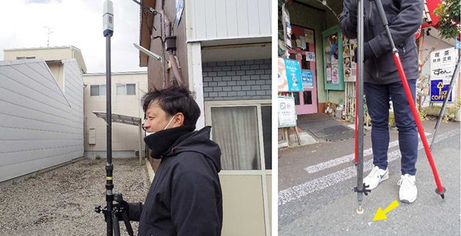 RTK-GNSS受信機「GCX3」（左写真）でichimillの補正情報を受信しながら、点群を合わせるマーカーの位置（右写真、黄色の矢印）をグローバル座標系で計測する作業。ichimillは対応する衛星の種類が多いため、建物にもじゃまされることなくスピーディーに作業が進んだ