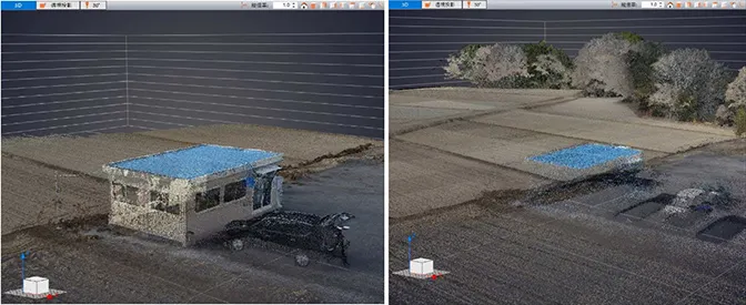 「DJI Matrice 300 RTK」のLiDARで計測した建物の点群データ（左）と、「DJI Phantom 4 RTK」で撮影した写真をもとに作成した点群データ（右）
