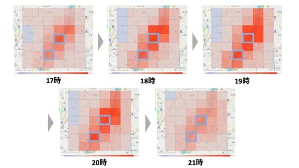 各時間帯での大会周辺の人口比率ヒートマップ