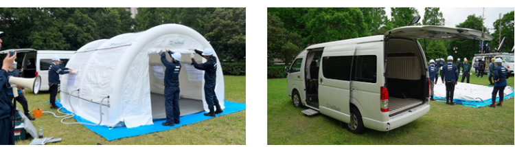 災害テント（左）、 MONETの車両を活用した移動会議室（右）