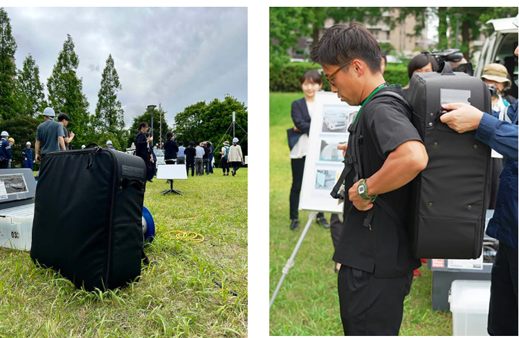 軽量キャリーバック（左）、キャリーバックに収納したStarlink Businessの機材を実際に背負っているところ（右）