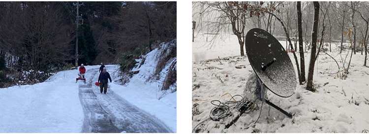 雪道の中、可搬型機材を運ぶ作業員（左）、雪が積もる可搬型衛星アンテナ（右）