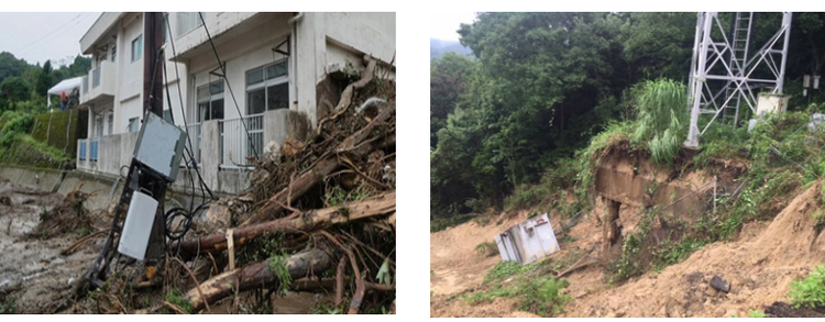 災害時の基地局被害の様子（左）、災害時の基地局被害の様子（右）