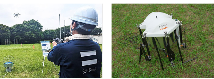 実飛行訓練の様子（左）、有線給電ドローン無線中継システム（右）