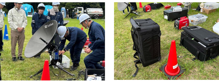 可搬型衛星アンテナ（左）、可搬型衛星アンテナの運搬用ケース（右）