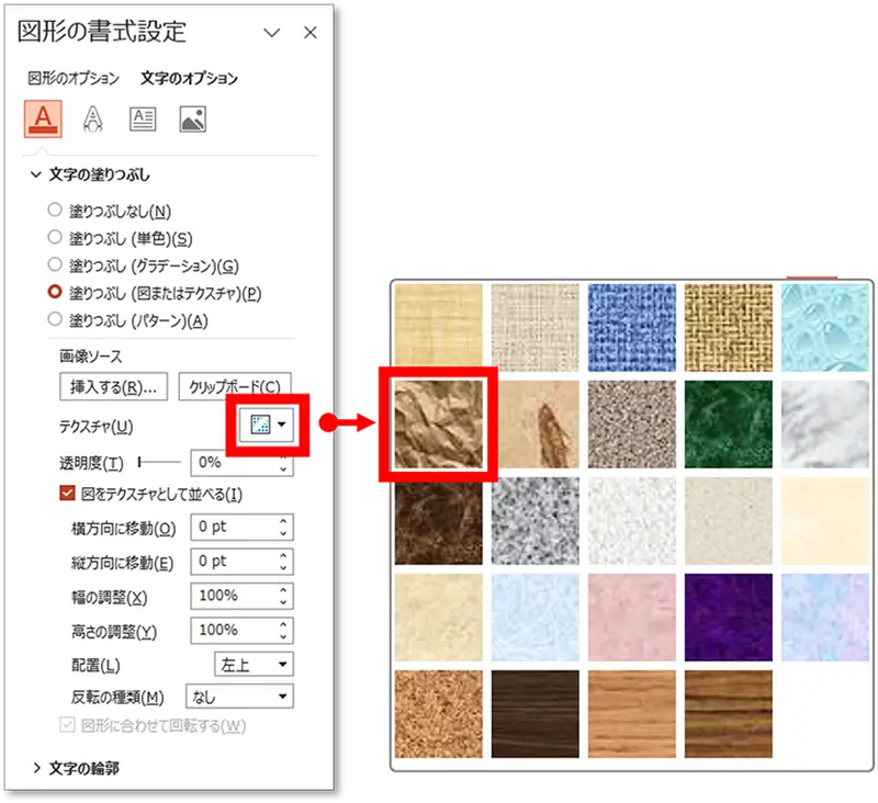 図形の書式設定でテクスチャを選択する手順を示した画像