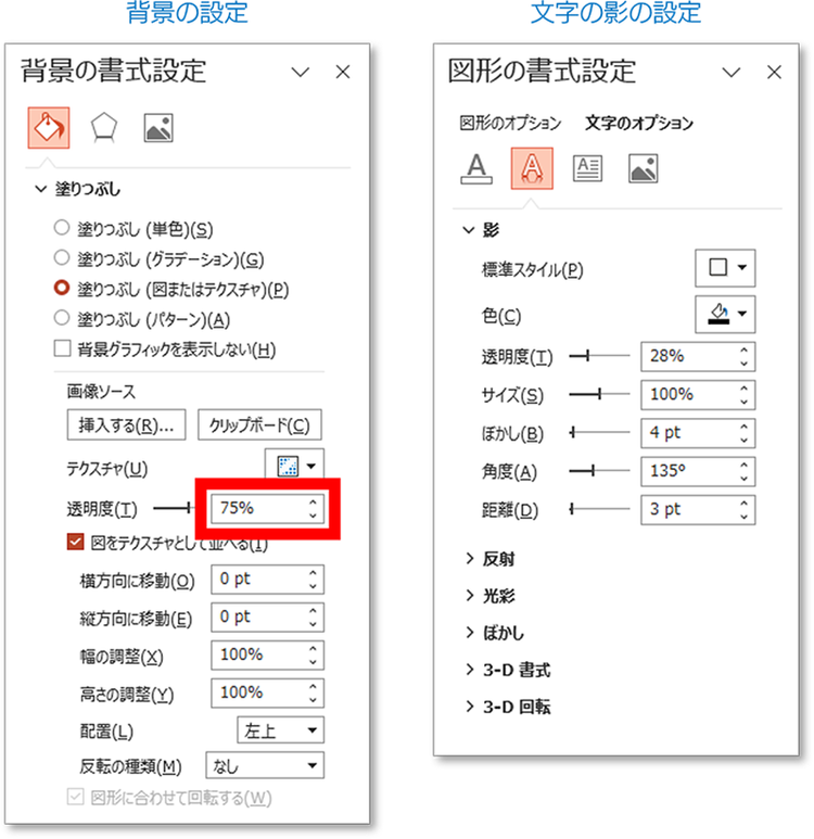 背景の透明度を調整し、文字にも影の設定を行う方法を示した画像