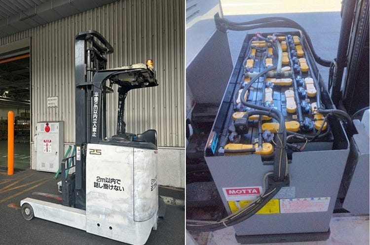 実際のフォークリフト（左）と再生バッテリー（右）