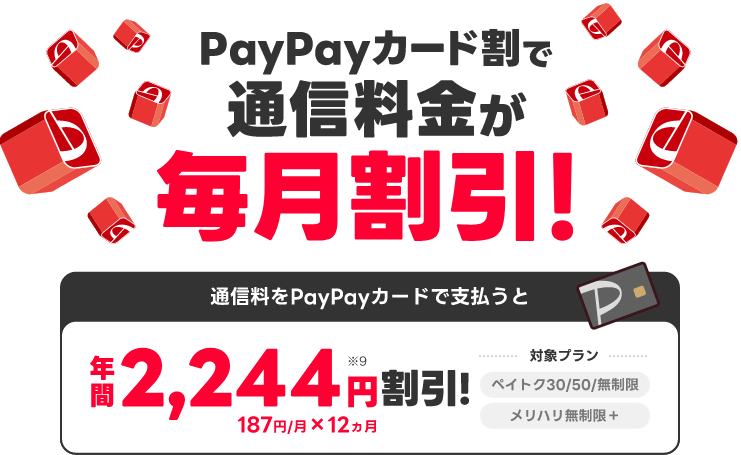 PayPayカード割で通信料金が毎月割引！ 通信料をPayPayカードで支払うと年間2,244円割引！187円／月×12ヵ月 対象プランペイトク30/50/無制限 メリハリ無制限＋