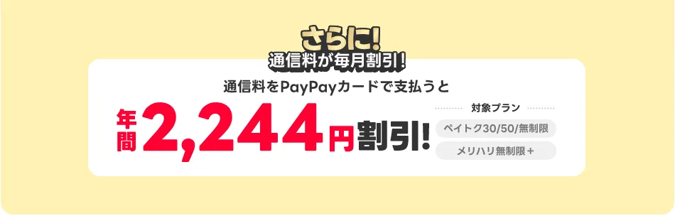 さらに！通信料もPayPayカード ゴールドで支払うと年間2,244円割引！ 対象プランペイトク30/50/無制限 メリハリ無制限＋