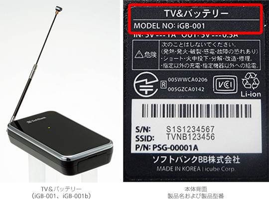 TV＆バッテリー（iGB-001、iGB-001b）、本体背面 製品名および製品型番
