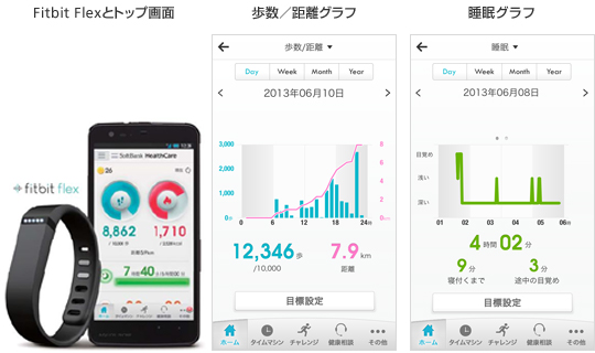 「Fitbit Flexとトップ画面」／「歩数／距離グラフ」／「睡眠グラフ」